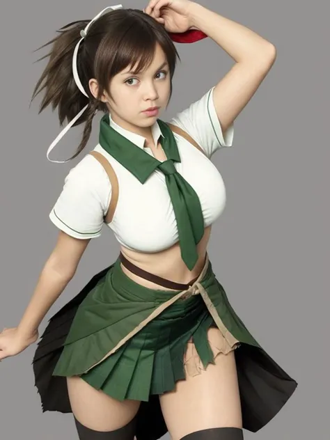 1girl, medium brown hair, hair ribbon, high ponytail, brown eyes, red scarf, torn white short sleeves shirt, torn green necktie, torn sweater vest, torn green pleated skirt, torn black thighhighs, torn clothes, <lora:OrangePumpking-Asuka-Senran-Kagura:0.75>