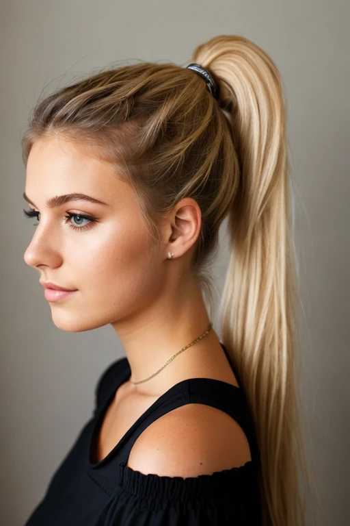 a 20 year old thick Scandinavian model, eye shadow, ponytail,