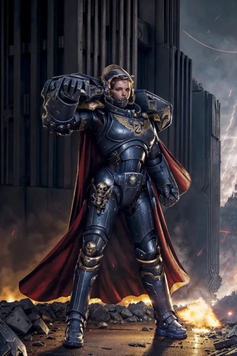 <lora:Calgar MK1 by CARAXES:0.8>, armor, cape , keel down on ground , helmet , skull , power armor, shield, ((best quality)), ((masterpiece)), ((realistic)), ((action pose)),((arm cannon)), ((iron halo)), full armor, red cape, pauldron, dark sci-fi, destruction, debris, in a futuristic city, detailed futuristic city,
cinematic lighting, accent lighting, epic, absurdres, ray tracing, metal reflections, (1girl,solo,), (full body:1.4)
(beautiful, 22 years old:1.7), slim, slender, high nose, (huge breasts), long legs, thigh highs, blushing, cleavage, elegant ,slender figure,