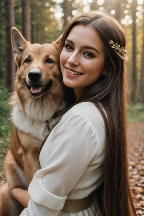 ((Best quality)), ((masterpiece)), ((highly intricate details)), beautiful lighting, 25 year old Scandinavian woman, makeup, gorgeous, very long straight hair, cute smile, from the front, playing with dog, German Sheppard, cuddling with dog, happy dog, autumn, forest in background, daytime, <lora:add_detail:1.4>