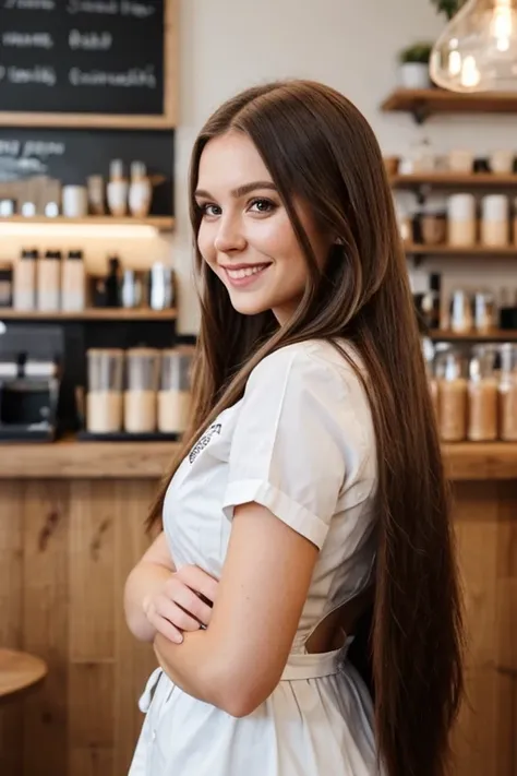 25 year old Scandinavian barista, makeup, gorgeous, very long straight hair, standing in a cafe, cute smile