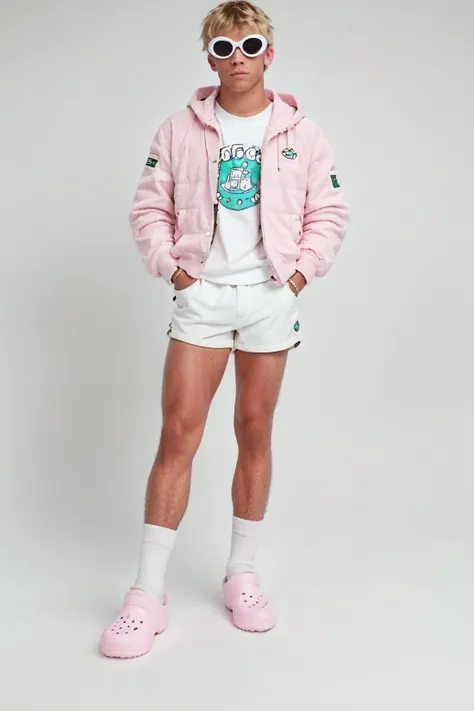 RAW photo, film grain, full body, , blonde hair, bracelet, clout goggles, puffer jacket, edgcrocs, pink crocks, shorts, crocks and socks, footwear focus, simple white background,<lora:forehead_slider_v2:-2> kkw-ph1 <lora:edgCrocs1:1> <lora:cloutv2:0.8>