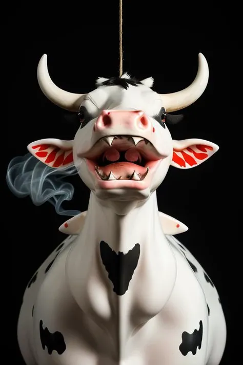 Holstein cow with shark teeth, red accents, smoke hanging in the air