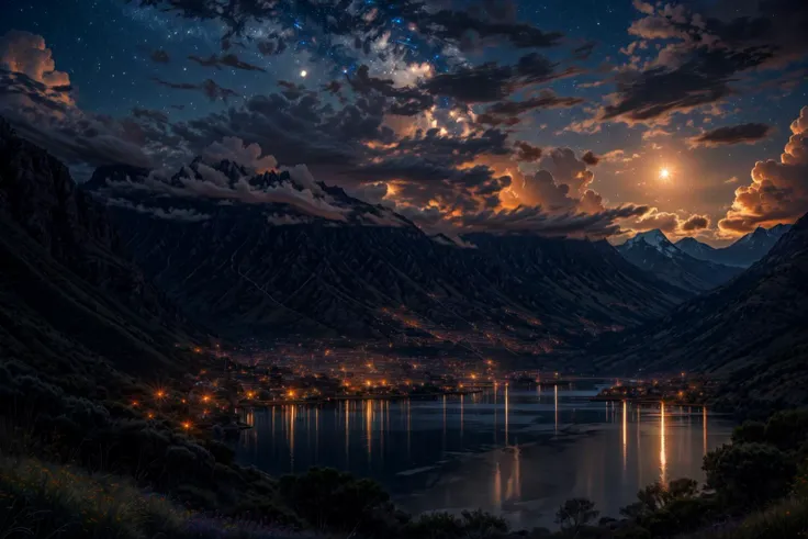 <lora:Beautiful outdoor:0.8>,Beautiful outdoor, landscape, no humans, cloudy sky, ((night)), cozy, ((wide view)), mountain high above sky cloud, clear sky, nice view, river from top of mountain , flowers, trees,
BREAK soft light, cinematic lighting, detailed(shadow),
BREAK <lora:more_details:0.8>, extremely detailed, CG, finely detailed, (masterpiece, best quality):2.0,
<lora:Night scene_20230715120543:0.65>, starry sky, starry star, 1moon,