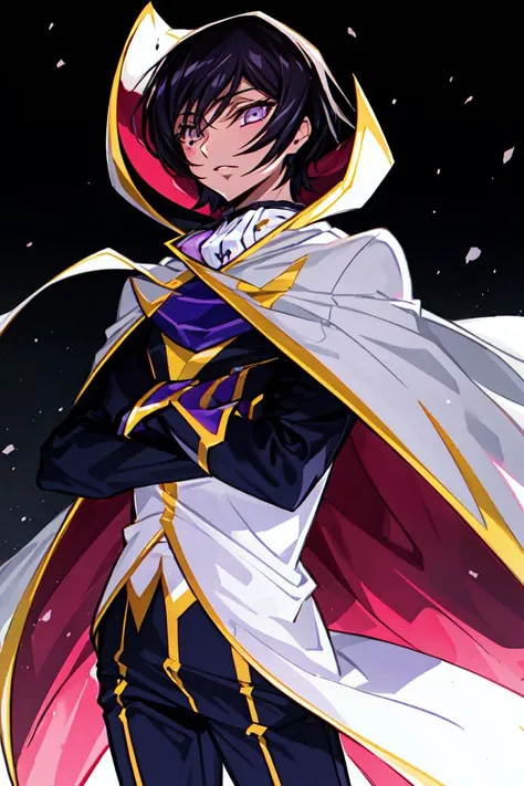 (lelouch lamperouge:1), zero (code geass), purple galaxy background, purple magic surrounding subject, (realistic:1.2), (masterpiece:1.2), (full-body-shot:1),(Cowboy-shot:1.2), neon lighting, dark romantic lighting, (highly detailed:1.2),(detailed face:1.2), (gradients), colorful, detailed eyes, (natural lighting:1.2), (neutral standing pose:1.2), (solo, one person, 1girl:1.5),<lora:Code Geass - Lelouch @ lelouch lamperouge:0.9> <lora:add_detail:0.15> <lora:hipoly3DModelLora_v10:0.05> <lora:RSERomantic_RSESofiko_RSEEmma-v1:0.1> <lora:BeautifulEyes:0.65>