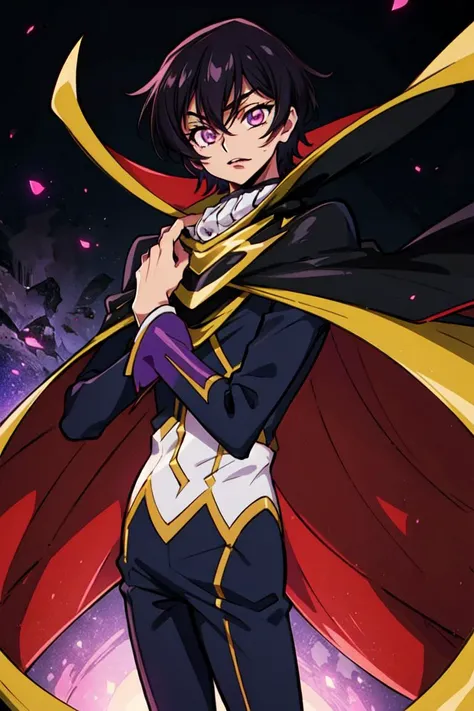 (lelouch lamperouge:1), male, boy, zero (code geass),(red glowing eye), purple suit, black cape, purple galaxy background, purple magic surrounding subject, (realistic:1.2), (masterpiece:1.2), (full-body-shot:1),(Cowboy-shot:1.2), neon lighting, dark romantic lighting, (highly detailed:1.2),(detailed face:1.2), (gradients), colorful, detailed eyes, (natural lighting:1.2), (dynamic pose:1.2), (solo, one person:1.5),<lora:Code Geass - Lelouch @ lelouch lamperouge:0.7> <lora:add_detail:0.15> <lora:hipoly3DModelLora_v10:0.05> <lora:RSERomantic_RSESofiko_RSEEmma-v1:0.1> <lora:BeautifulEyes:0.65>
