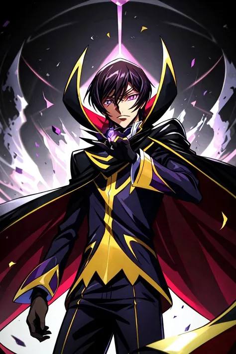 (lelouch lamperouge:1), male, boy, zero (code geass),(red glowing eye), purple suit, black cape, purple galaxy background, purple magic surrounding subject, (realistic:1.2), (masterpiece:1.2), (full-body-shot:1),(Cowboy-shot:1.2), neon lighting, dark romantic lighting, (highly detailed:1.2),(detailed face:1.2), (gradients), colorful, detailed eyes, (natural lighting:1.2), (dynamic pose:1.2), (solo, one person:1.5),<lora:Code Geass - Lelouch @ lelouch lamperouge:0.7> <lora:add_detail:0.15> <lora:hipoly3DModelLora_v10:0.05> <lora:RSERomantic_RSESofiko_RSEEmma-v1:0.1> <lora:BeautifulEyes:0.65>