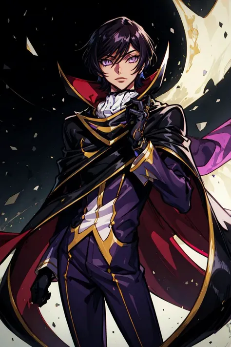 (lelouch lamperouge:1), zero (code geass),purple suit, black cape, purple galaxy background, purple magic surrounding subject, (realistic:1.2), (masterpiece:1.2), (full-body-shot:1),(Cowboy-shot:1.2), neon lighting, dark romantic lighting, (highly detailed:1.2),(detailed face:1.2), (gradients), colorful, detailed eyes, (natural lighting:1.2), (neutral standing pose:1.2), (solo, one person, 1girl:1.5),<lora:Code Geass - Lelouch @ lelouch lamperouge:0.7> <lora:add_detail:0.15> <lora:hipoly3DModelLora_v10:0.05> <lora:RSERomantic_RSESofiko_RSEEmma-v1:0.1> <lora:BeautifulEyes:0.65>