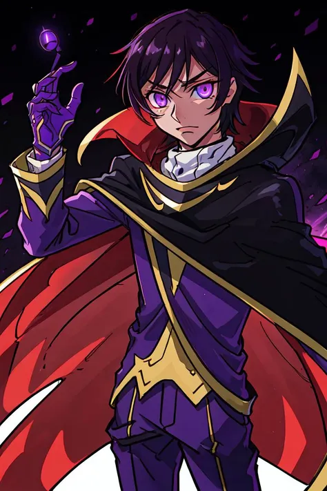 (lelouch lamperouge:1), male, boy, zero (code geass),(red glowing eye), purple suit, black cape, purple galaxy background, purple magic surrounding subject, (realistic:1.2), (masterpiece:1.2), (full-body-shot:1),(Cowboy-shot:1.2), neon lighting, dark romantic lighting, (highly detailed:1.2),(detailed face:1.2), (gradients), colorful, detailed eyes, (natural lighting:1.2), (dynamic pose:1.2), (solo, one person:1.5),<lora:Code Geass - Lelouch @ lelouch lamperouge:0.7> <lora:add_detail:0.15> <lora:hipoly3DModelLora_v10:0.05> <lora:RSERomantic_RSESofiko_RSEEmma-v1:0.1> <lora:BeautifulEyes:0.65>