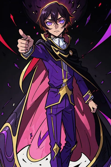 (lelouch lamperouge:1), male, boy, zero (code geass),(red glowing eye), purple suit, black cape, purple galaxy background, purple magic surrounding subject, (realistic:1.2), (masterpiece:1.2), (full-body-shot:1),(Cowboy-shot:1.2), neon lighting, dark romantic lighting, (highly detailed:1.2),(detailed face:1.2), (gradients), colorful, detailed eyes, (natural lighting:1.2), (dynamic pose:1.2), (solo, one person:1.5),<lora:Code Geass - Lelouch @ lelouch lamperouge:0.7> <lora:add_detail:0.15> <lora:hipoly3DModelLora_v10:0.05> <lora:RSERomantic_RSESofiko_RSEEmma-v1:0.1> <lora:BeautifulEyes:0.65>