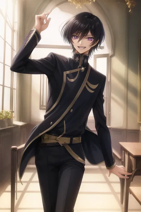 masterpiece, best quality,
lelouch lamperouge, student, 1boy,
solo, (((ashford academy uniform))), portrait,
crazy laugh, crazy smile, crazy grin,
short hair, purple eyes, geass
belt, black belt, black jacket, black pants,
mksks style, professional lightning, spotlight, school, classroom,