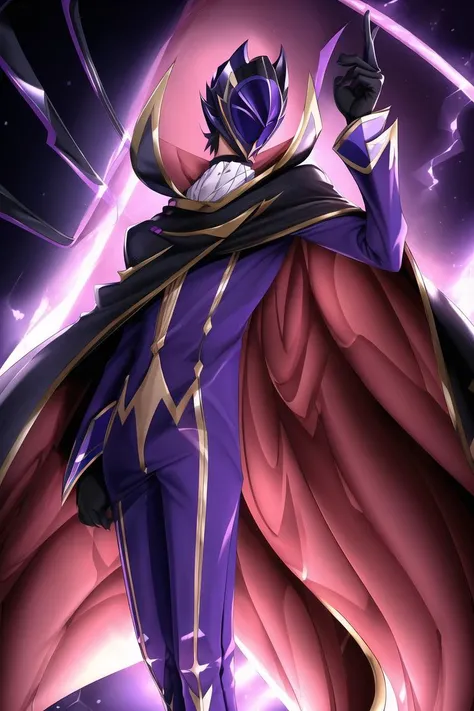 masterpiece, best quality,
solo, zero \(code geass\), close-up, mask on head,
black cape, black gloves, cape, formal, gloves, high collar, long sleeves, mask, purple footwear, purple pants, purple suit, suit,
mksks style, professional lightning, spotlight, school, classroom,