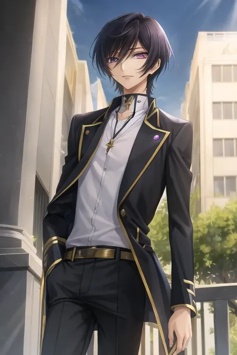 masterpiece, best quality,
lelouch lamperouge, student,
solo, ((ashford academy uniform)), portrait
short hair, purple eyes, geass
belt, black belt, black jacket, black pants,
mksks style, professional lightning, spotlight, city,