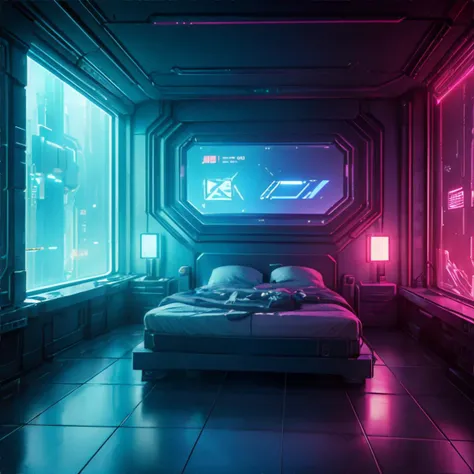 <lora:cyberpunkscene:0.4>, cyberpunk bedroom, neon, scifi, <clip:skip:2>, masterpiece, 8k, high resolution, shallow depth of field, sharp focus