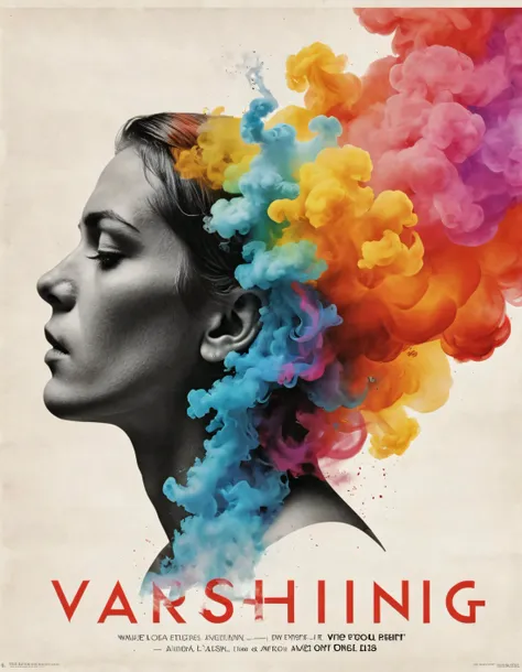 head fading into colorful smoke, white background, classic poster, (movie is "VANISHING")