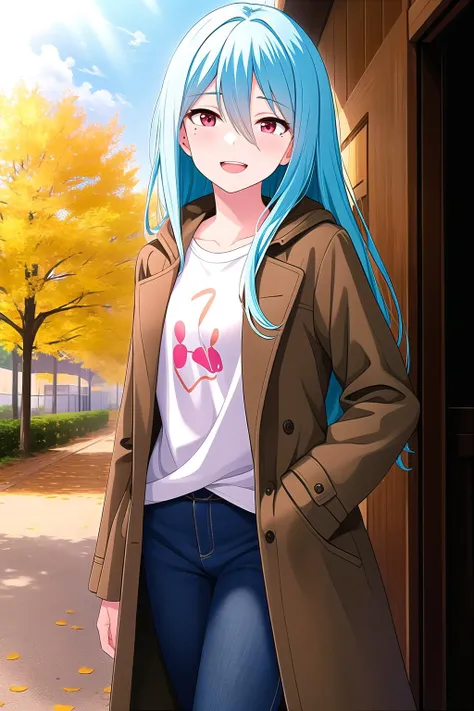 (masterpiece, best quality), highly detailed background, perfect lightingbest quality, kayashimaotome, solo, outdoors, nature, autumn, autumn leaves, light blue hair, hair between eyes, very long hair, red eyes, mole under eye, small breasts, brown coat, open coat, white shirt, t-shirt, jeans, blue pants, light smile, open mouth, :d, pink lips, <lora:Kayashima-Otome:0.7>