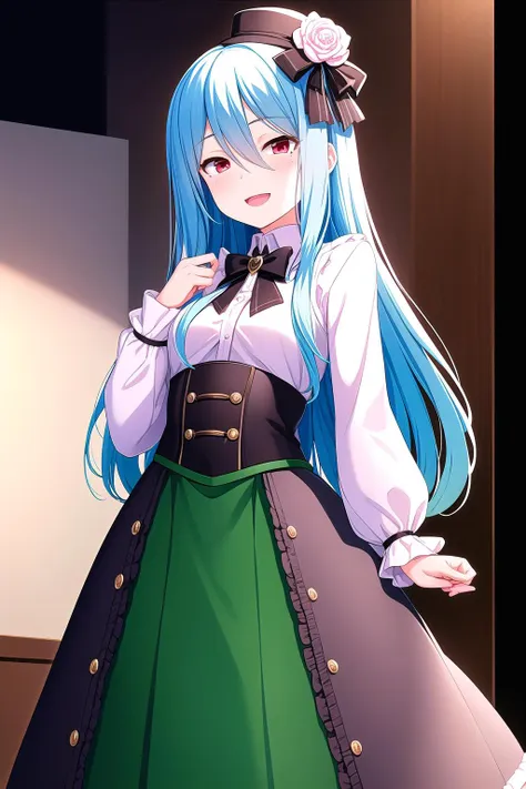 (masterpiece, best quality), highly detailed background, perfect lightingbest quality, kayashimaotome, solo, indoors, mini top hat, black headwear, light blue hair, brooch, jewelry, hair between eyes, very long hair, red eyes, mole under eye, small breasts, green dress, white shirt, frilled shirt, corset, black bowtie, long puffy sleeves, sleeves past wrists, juliet sleeves, frilled sleeves, belt, black skirt, high-waist skirt, light smile, open mouth, :d, pink lips, <lora:Kayashima-Otome:0.7>