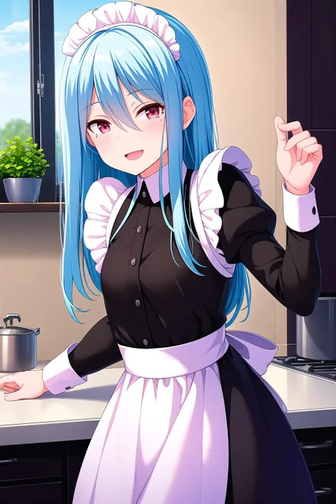 (masterpiece, best quality), highly detailed background, perfect lightingbest quality, kayashimaotome, solo, indoors, kitchen, maid, maid headdress, light blue hair, hair between eyes, very long hair, red eyes, mole under eye, small breasts, black dress, long puffy sleeves, juliet sleeves, white apron, maid apron, light smile, open mouth, :d, pink lips, <lora:Kayashima-Otome:0.7>