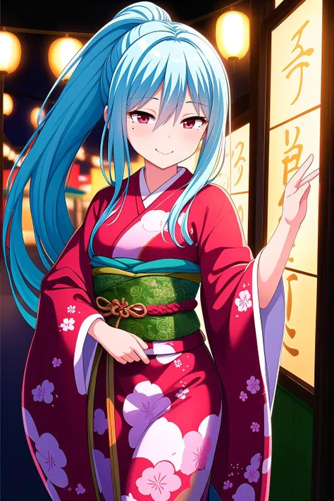 (masterpiece, best quality), highly detailed background, perfect lightingbest quality, kayashimaotome, solo, outdoors, night, summer festival, light blue hair, ponytail, hair between eyes, very long hair, red eyes, mole under eye, small breasts, red kimono, floral print, japanese clothes, smile, closed mouth, :), pink lips, <lora:Kayashima-Otome:0.7>