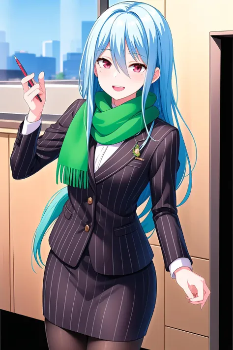 (masterpiece, best quality), highly detailed background, perfect lightingbest quality, kayashimaotome, solo, indoors, office, office lady, light blue hair, hair between eyes, very long hair, red eyes, mole under eye, small breasts, green scarf, pinstripe suit, business suit, skirt suit, pencil skirt, vertical stripes, black pantyhose, light smile, open mouth, :d, pink lips, <lora:Kayashima-Otome:0.7>