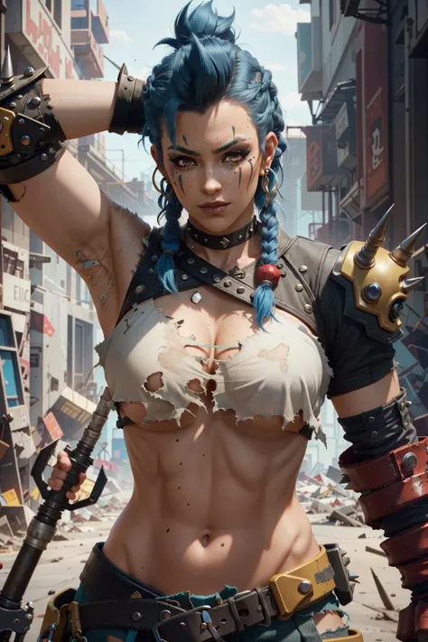 JunkerQOver, 1girl, solo, weapon, black hair, armpits, multicolored hair, upper body, tattoo, piercing, blue hair, spikes, arm up, dreadlocks, jewelry, two-tone hair, earrings, breasts, holding, gloves, torn clothes, eyebrow cut, makeup, armor, braid
<lora:epi_noiseoffset2:1>,   <lora:JunkerQOver:0.7>