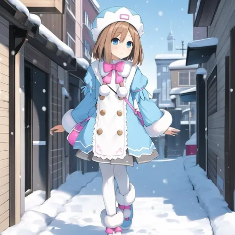 <lora:RomNeptuniaSeries-09:1>, (extremely detailed:1.1),(highly detailed:1.1),(best quality:1.1),(masterpiece:1.1), solo, 1girl, RomNeptunia, RomBase, short hair, blue eyes, brown hair, blue headwear, white pantyhose, puffy sleeves, buttons, pink bowtie, blue coat, blue footwear, pom pom (clothes), fur-trimmed dress, fur-trimmed boots, fur-trimmed footwear, Bag, Shoulder Bag, Pink Bag, full body, outside, snow, street