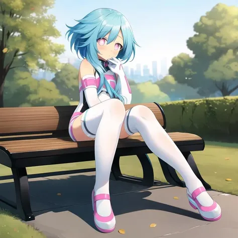 <lora:RomNeptuniaSeries-09:1>, (extremely detailed:1.1),(highly detailed:1.1),(best quality:1.1),(masterpiece:1.1), solo, 1girl, RomNeptunia, RomWSO, pink eyes, blue hair, (short hair with long locks), white gloves, flat chest, symbol-shaped pupils, white thighhighs, elbow gloves, (white leotard), white footwear, power symbol, outdoors, park, bench, sitting, full body