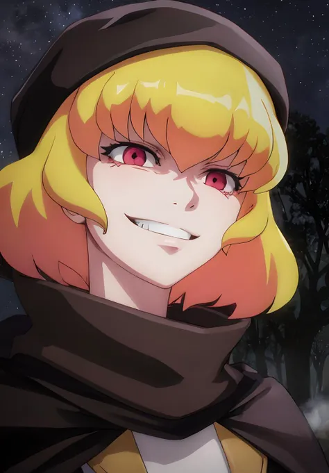 <lora:Overlord:0.8>, Overlord, Clementine, solo, long hair, looking at viewer, smile, simple background, brown hair, shirt, gloves, long sleeves, 1boy, hat, white background, closed mouth, purple eyes, jacket, upper body, male focus, outdoors, sky, striped, cloud, hood, medium hair, pink eyes, scarf, cape, orange hair, grin, tree, v-shaped eyebrows, head tilt, cosplay, eyelashes, hoodie, night, parody, looking down, moon, from below, hood down, shaded face, pale skin, portrait, star (sky), nature, night sky, no headwear, cloak, snow, close-up, androgynous, 1other, forest, headwear removed, starry sky, meme, hat removed, high collar, robe, smirk, black cape, smug, style parody, >:), dark, evil smile, black scarf, dark persona, winter, voice actor connection, blue scarf, hooded cloak, bare tree, fake screenshot, striped scarf, evil grin, black cloak, fog, anime coloring, purple scarf, scene reference