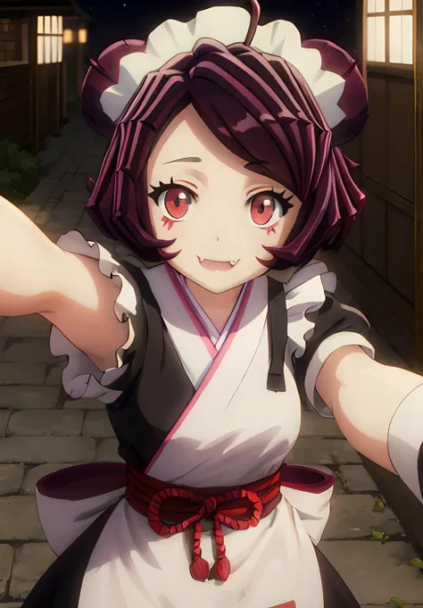 <lora:Overlord:0.8>, Overlord, Entoma, solo, long hair, looking at viewer, smile, open mouth, blue eyes, simple background, brown hair, black hair, gloves, long sleeves, 1boy, hat, dress, bow, ribbon, holding, brown eyes, sitting, closed mouth, standing, purple eyes, tail, upper body, pink hair, ahoge, hair bow, red hair, multicolored hair, outdoors, frills, japanese clothes, horns, solo focus, fang, striped, indoors, hood, wide sleeves, pink eyes, kimono, hair bun, blurry, black eyes, apron, black dress, two-tone hair, sleeves past wrists, looking to the side, maid, sash, maid headdress, eyelashes, no humans, :3, night, depth of field, blurry background, glowing, colored skin, pov, facial mark, parody, obi, frilled dress, antenna hair, outstretched arms, bug, light smile, slit pupils, frilled sleeves, building, rope, foreshortening, night sky, waist apron, white apron, claws, 1other, maid apron, sleeves past fingers, backlighting, frilled apron, ofuda, city, multicolored eyes, enmaided, card, spread arms, selfie, bags under eyes, cityscape, reaching towards viewer, dark, tasuki, black kimono, fang out, official style, jiangshi, photo background, city lights, wa maid, zombie pose, anime coloring, talisman, spider girl, alley, brown kimono, undead, arthropod limbs