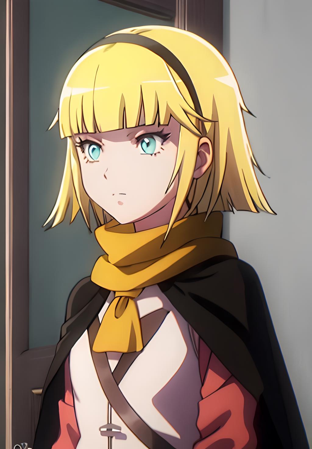 Anime girl with blonde hair and blue eyes wearing a scarf - SeaArt AI
