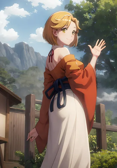 <lora:Overlord:0.8>, Overlord, Enri, solo, looking at viewer, skirt, brown hair, shirt, red eyes, long sleeves, 1boy, dress, bow, ribbon, holding, bare shoulders, jewelry, closed mouth, standing, yellow eyes, cowboy shot, small breasts, outdoors, japanese clothes, sky, alternate costume, day, looking back, artist name, cloud, hand up, signature, wide sleeves, medium hair, kimono, off shoulder, twitter username, from behind, orange hair, blurry, apron, arm up, from side, red ribbon, tree, blue sky, looking to the side, sash, cosplay, eyelashes, night, depth of field, blurry background, feet out of frame, parody, obi, red dress, bob cut, ring, cloudy sky, grass, cross, light smile, red shirt, nature, forest, personification, arm at side, meme, aged up, long skirt, yellow shirt, mature female, mountain, waving, fence, long dress, railing, retro artstyle, road, style parody, bush, torii, wall, open hand, yellow dress, yellow skirt, house, official style, orange dress, photo background, fog, sleeves past elbows, tunic, anime coloring, red sash, grey sky, fine art parody, graveyard, wooden fence, traditional clothes, yellow sash
