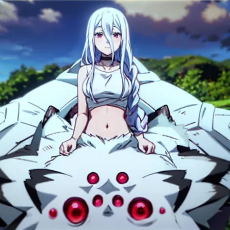 face lighting,bright backlight,super high resolution,best quality,Photos,4k,baizhi,1girl,hair between eyes,taur,arachne,long hair,braid,breasts,navel,solo,looking at viewer,single braid,outdoors,spider girl,red eyes,monster girl,choker,(arthropod girl:1.4),white hair,midriff,sleeveless,extra eyes,bare shoulders,bangs,shirt,day,sleeveless shirt,
<lora:baizhi_20230729212129:0.9>,