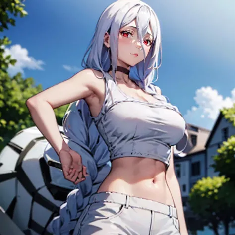 face lighting,bright backlight,super high resolution,best quality,Photos,4k,baizhi,1girl,1girl,hair between eyes,taur,arachne,long hair,braid,breasts,navel,solo,looking at viewer,single braid,outdoors,sky,spider girl,cloud,large breasts,red eyes,monster girl,choker,arthropod girl,white hair,midriff,sleeveless,extra eyes,bare shoulders,bangs,white shirt,shirt,closed mouth,day,sleeveless shirt,
<lora:baizhi_20230729212129:0.9>,