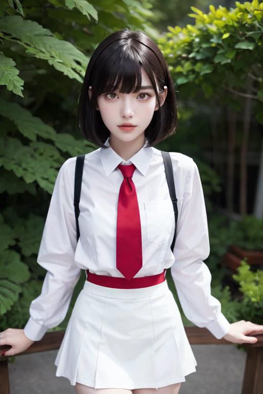 highly insanely detailed, masterpiece, top quality, best quality, highres, 4k, 8k, RAW photo, (very aesthetic, beautiful and aesthetic), outdoors,1girl,solo,upper body,(portrait:1.5),looking at viewer,facing viewer,serious,(petite:1.2),short hair,black hair,red eyes,glowing eyes,bangs,school uniform,collared shirt,white shirt,long sleeves,open hands,large ,suspender skirt,red skirt,white socks,loafers,<lora:Hanako(remake):0.5>,