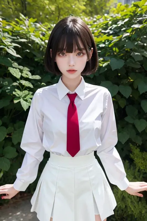 highly insanely detailed, masterpiece, top quality, best quality, highres, 4k, 8k, RAW photo, (very aesthetic, beautiful and aesthetic), outdoors,1girl,solo,upper body,(portrait:1.5),looking at viewer,facing viewer,serious,(petite:1.2),short hair,black hair,red eyes,glowing eyes,bangs,school uniform,collared shirt,white shirt,long sleeves,open hands,large ,suspender skirt,red skirt,white socks,loafers,<lora:Hanako(remake):0>,