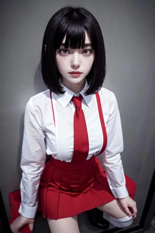 highly insanely detailed, masterpiece, top quality, best quality, highres, 4k, 8k, RAW photo, (very aesthetic, beautiful and aesthetic), outdoors,1girl,solo,upper body,(portrait:1.5),looking at viewer,facing viewer,serious,(petite:1.2),short hair,black hair,red eyes,glowing eyes,bangs,school uniform,collared shirt,white shirt,long sleeves,open hands,large ,suspender skirt,red skirt,white socks,loafers,<lora:Hanako(remake):1>,