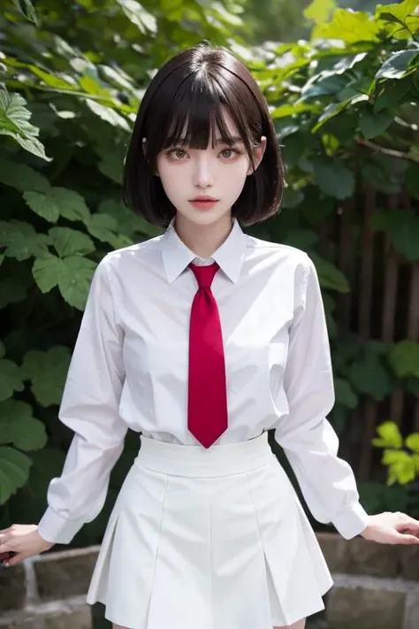 highly insanely detailed, masterpiece, top quality, best quality, highres, 4k, 8k, RAW photo, (very aesthetic, beautiful and aesthetic), outdoors,1girl,solo,upper body,(portrait:1.5),looking at viewer,facing viewer,serious,(petite:1.2),short hair,black hair,red eyes,glowing eyes,bangs,school uniform,collared shirt,white shirt,long sleeves,open hands,large ,suspender skirt,red skirt,white socks,loafers,<lora:Hanako(remake):0.3>,