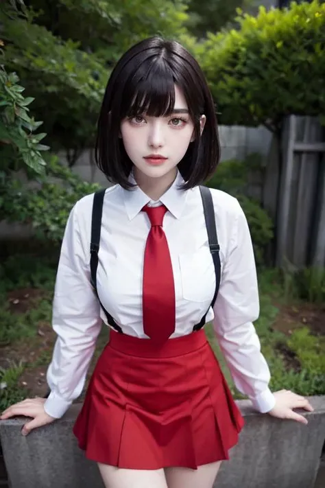 highly insanely detailed, masterpiece, top quality, best quality, highres, 4k, 8k, RAW photo, (very aesthetic, beautiful and aesthetic), outdoors,1girl,solo,upper body,(portrait:1.5),looking at viewer,facing viewer,serious,(petite:1.2),short hair,black hair,red eyes,glowing eyes,bangs,school uniform,collared shirt,white shirt,long sleeves,open hands,large ,suspender skirt,red skirt,white socks,loafers,<lora:Hanako(remake):0.7>,