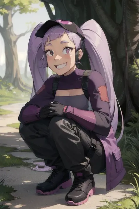 realistic, photo, (masterpiece, best quality), (hdr:1.4), (1girl:1.2),8k,
<lora:Entrapta-08:0.65>, entrapta, (small breasts:1.2), (entrapta long two pigtails hair:1.4), (17yo:0.9), (happy, smiling:1.3), (looking at viewer:1.1), shaded face, (pretty eyes:1.4),
(black steel armor sleeves:0.8), (black tactical pants:1.4), (purple closed coat:1.1), (black boots:1.1), (entrapta mask:1.1),
squatting sitting, legs wide apart posing, hands on knee, (feet focus:1.4),
(dark forest:mountans:0.9),