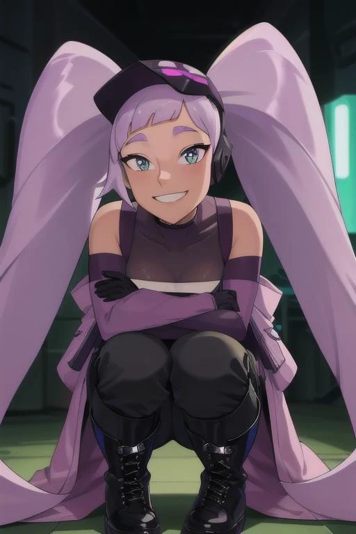 ((masterpiece)), (best quality), official art, extremely detailed CG unity 8k wallpaper, highly detailed, shiny skin, Depth of field, vivid color,
<lora:Entrapta-08:0.65>, entrapta, (small breasts:1.2), (entrapta long two pigtails hair:1.4), (17yo:0.9), (happy, smiling:1.3), (looking at viewer:1.1), shaded face, (pretty eyes:1.4),
(black armor sleeves:0.8), (black tactical pants:1.4), (purple closed coat:1.1), (black boots:1.4), (entrapta mask:1.1),
squatting sitting, legs wide apart posing, hands on knee, (thing focus:1.4),
(dark factory:0.9),