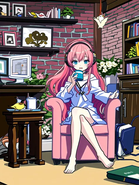 1girl,computer,headphones,laptop,solo,megurine luka,pink hair,instrument,bird,guitar,acoustic guitar,barefoot,food,box,book,sitting,long hair,cup,chair,headphones around neck,cardboard box,table,plate,flower,mug,
//,
<lora:GenshinSimpleGraph-000160:0.95>,