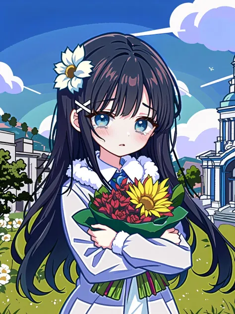 flower, 1girl, solo, crying, bouquet, tears, long hair, crying with eyes open, blush, parted lips, hair ornament, blue flower, white flower, bangs, black hair, cloud, fur trim, sky, cloudy sky, plaid, outdoors, looking at viewer, jacket, upper body, fur-trimmed jacket, holding, nose blush, holding bouquet, grey jacket, fur collar, hairclip, blue eyes, building, x hair ornament, looking to the side, unmoving pattern, day, plaid jacket
//,
<lora:GenshinSimpleGraph-000160:0.95>,