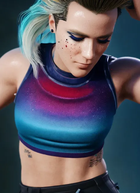award winning half body portrait of sks in a croptop and cargo pants with ombre navy blue teal hairstyle with head in motion and hair flying, paint splashes, splatter, outrun, vaporware, cell shaded, (octane render:1), trending on artstation, highly detailed, fine detail, intricate