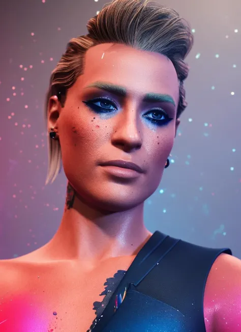 award winning half body portrait of sks in a croptop and cargo pants with ombre navy blue teal hairstyle with head in motion and hair flying, paint splashes, splatter, outrun, vaporware, cell shaded, (octane render:1), trending on artstation, highly detailed, fine detail, intricate
