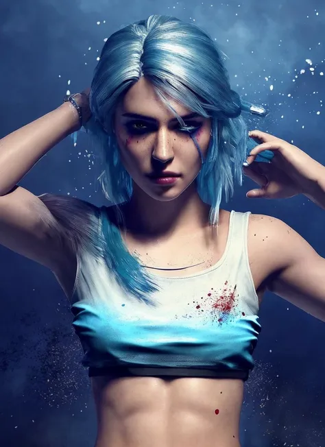 award winning half body portrait of sks in a croptop and cargo pants with ombre navy blue teal hairstyle with head in motion and hair flying, paint splashes, splatter, outrun, vaporware, cell shaded, (octane render:1), trending on artstation, highly detailed, fine detail, intricate