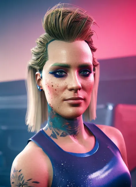 award winning half body portrait of sks in a croptop and cargo pants with ombre navy blue teal hairstyle with head in motion and hair flying, paint splashes, splatter, outrun, vaporware, cell shaded, (octane render:1), trending on artstation, highly detailed, fine detail, intricate