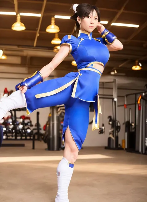 sks woman, street fighter, sharp eyes, gym, toned, sweating, 4k, ambient lighting, underboob, detailed legs, flexible, (standing on one leg:1.2), (standing split:1.3), muscular, hand holding one leg up,