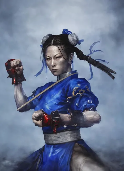 blue street fighter costume,, Hyper realistic oil portrait painting of (sks woman as samurai with katana) covered in blood, fog, volumetric lighting, nighttime, moonlight, creepy, by greg rutkowski, ((katana)), sword, kurosawa, kill bill
