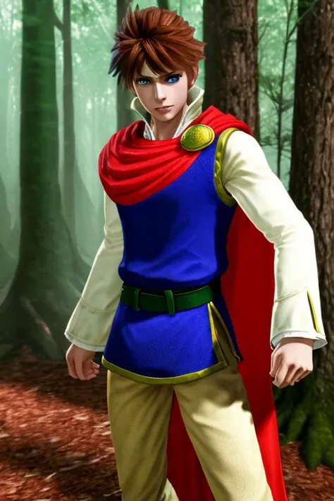 masterpiece, best quality, bartz klauser, brown hair, short hair, blue eyes, blue shirt, red cape, green belt, solo, forest, <lora:Bartz:0.8>