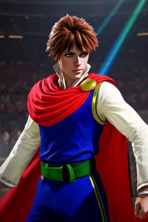 masterpiece, best quality, bartz klauser, brown hair, short hair, blue eyes, blue shirt, red cape, green belt, photorealistic lights, cinematic lighting, ultra detail texture, ultra detail hair, ultra detail face, perfect eyes, hyperrealistic paiting, fantastic realism, <lora:Bartz:0.7>